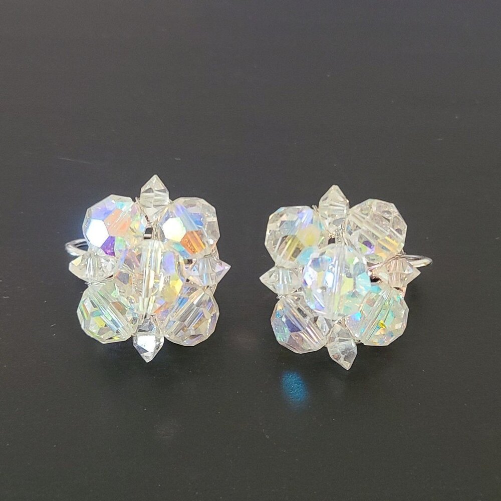 Vintage Coro Signed AB Cluster Earrings Clip On Crystal Silver Tone